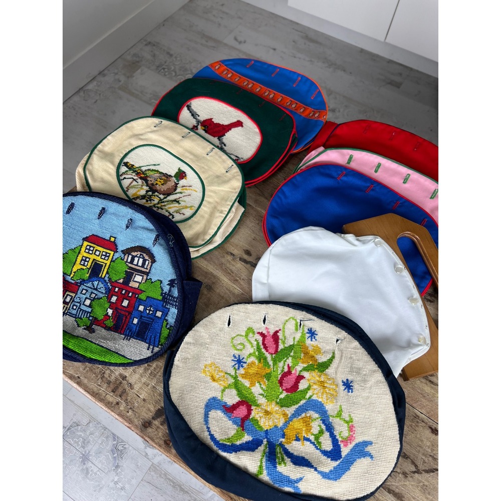 Vintage Interchangeable Tapestry Handbag Set Wood Handle Embroidered Covers
